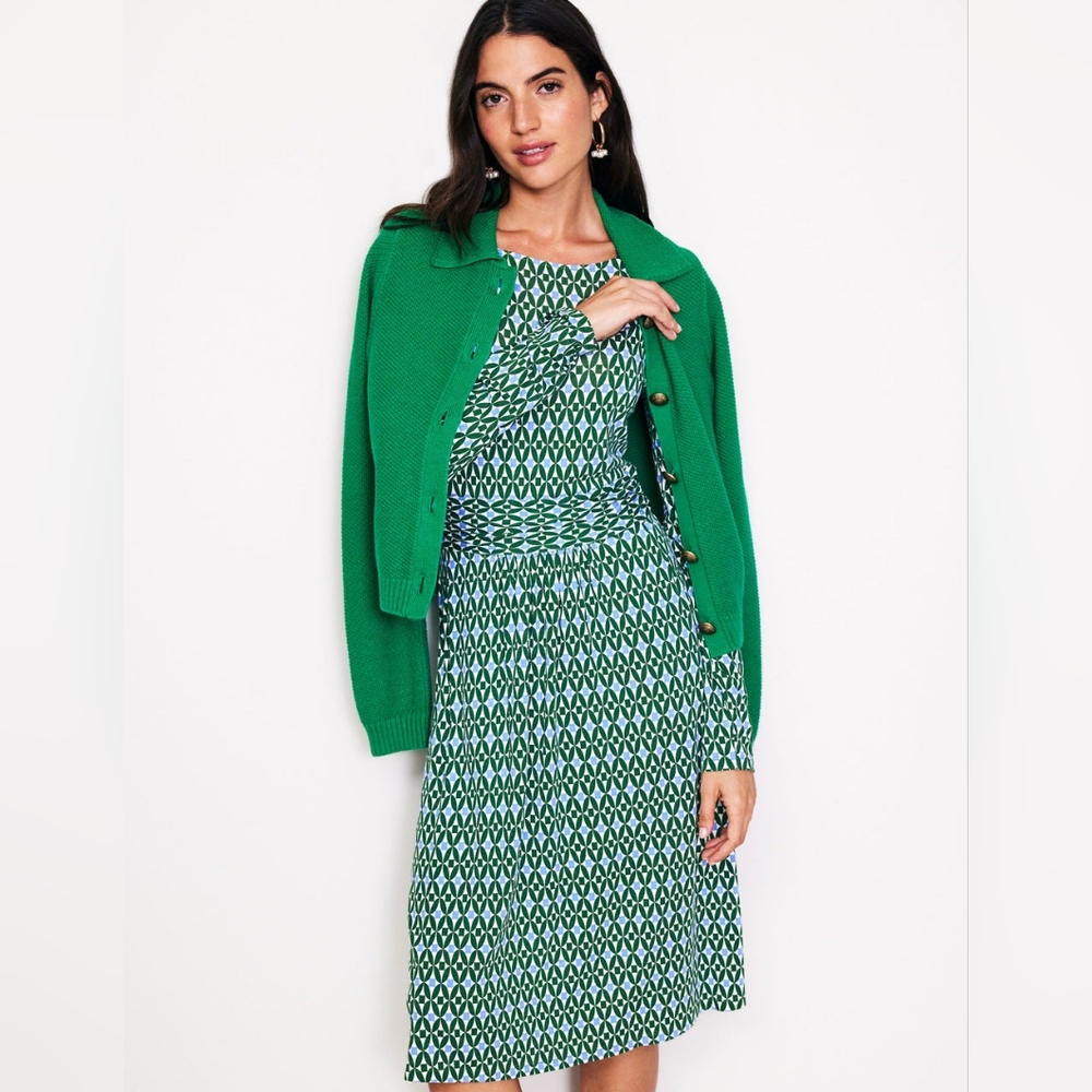 Boden Amelie Long Sleeve Dress Pine, Diamond Trellis